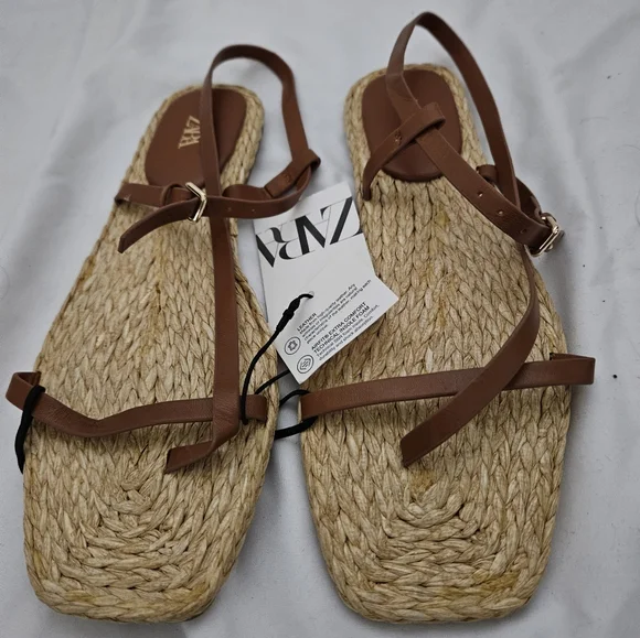 Zara Strappy Leather Flat Sandal with Braided Rope Insole